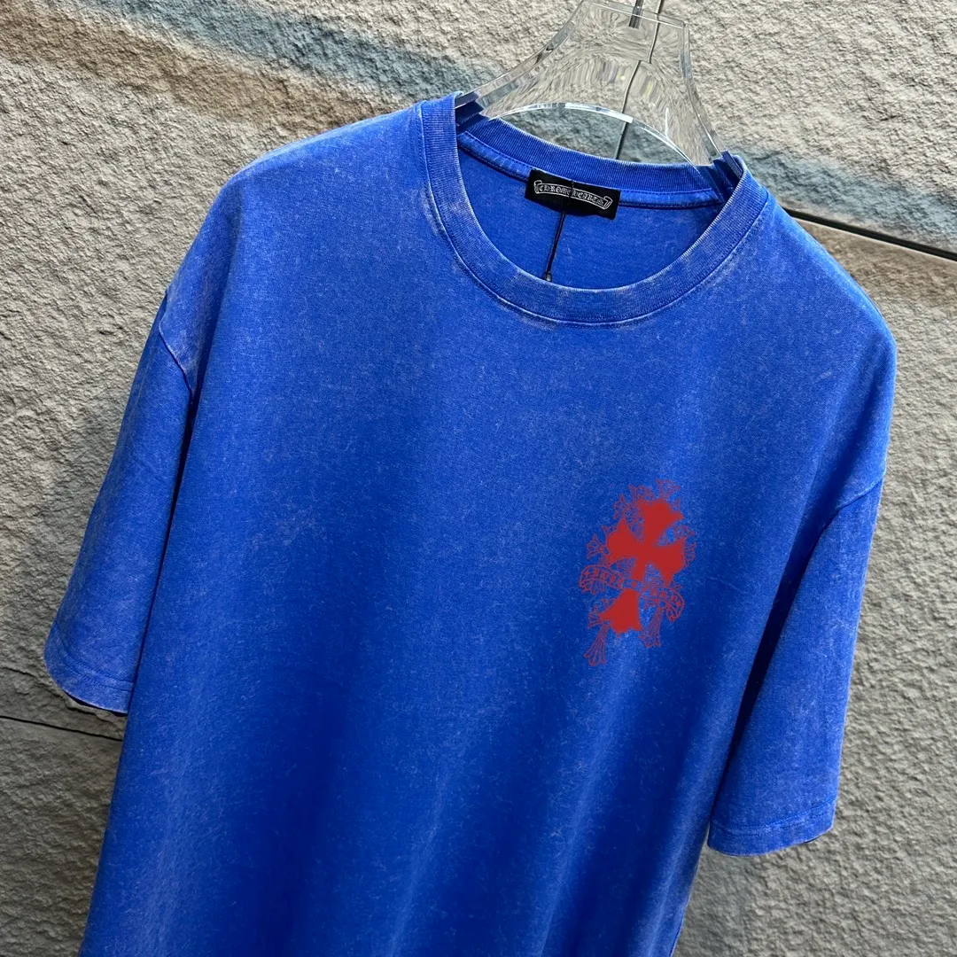 🅿️180 CH* Crow Heart* 2025 spring and summer new style Snowflake distressed washed retro round neck short sleeves Chest and front logo Horseshoe print Customized fabric Short-sleeved T-shirt Unisex Size: S M L XL XXL Color: Snowflake Black Snowflake Gray Snowflake Pink Snowflake Blue